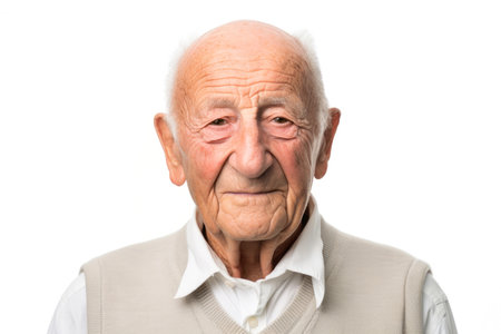 Portrait of an old man with wrinkles on his face on a white backgroundの素材