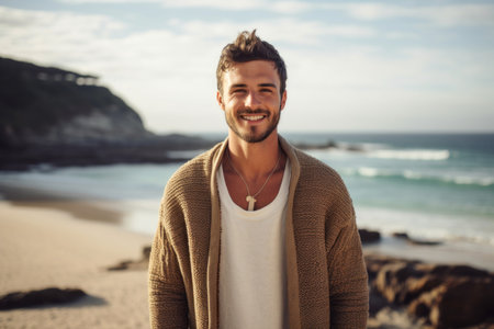 Portrait of a smiling young man standing on the beach at sunsetの素材