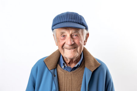 Portrait of an elderly man in a cap on a white backgroundの素材