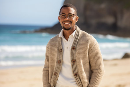 Portrait of happy young man with eyeglasses standing on beachの素材