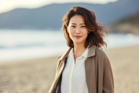 portrait of young asian woman on the beach at sunset timeの素材