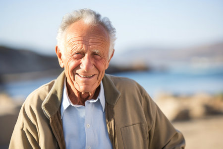 Portrait of happy senior man on the beach in the summertimeの素材
