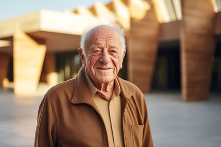 Portrait of smiling senior man standing in front of modern building outdoorsの素材