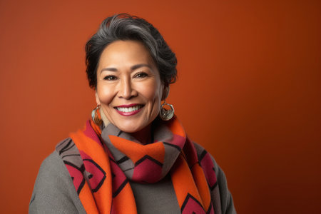 Beautiful middle-aged Asian woman wearing scarf on red background.の素材