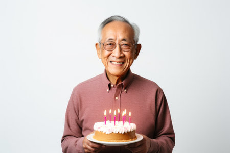 Happy asian senior man holding birthday cake with candles on white backgroundの素材