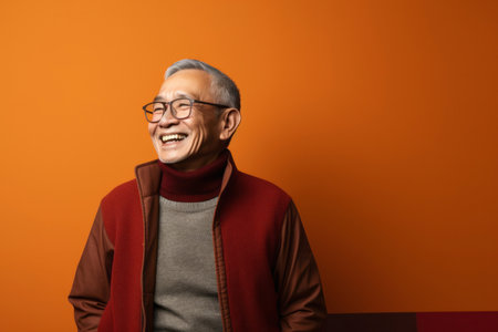 Portrait of a happy senior asian man smiling on orange backgroundの素材