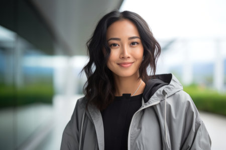 Portrait of a smiling asian woman in sportswear outdoorsの素材