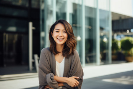 Portrait of a smiling young businesswoman standing with arms crossed outdoorsの素材