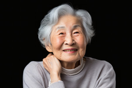 Portrait of a happy asian senior woman on black background.の素材