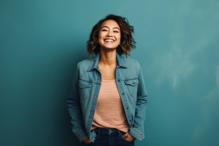 Portrait of a smiling young woman in denim jacket standing isolated over blue backgroundの素材