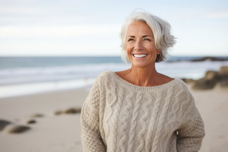 Portrait of smiling senior woman standing on beach at the day timeの素材