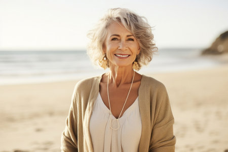 Portrait of beautiful mature woman smiling at camera while standing on beachの素材