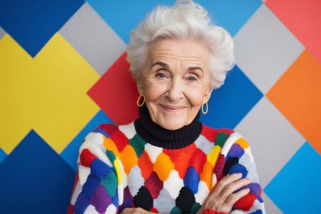 Portrait of smiling senior woman looking at camera while standing on colorful backgroundの素材