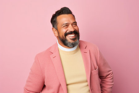 Portrait of a happy middle-aged Indian man with a beard laughing against pink backgroundの素材
