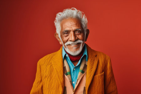 Portrait of an elderly Indian man in a yellow jacket on a red backgroundの素材