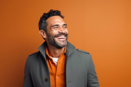 happy indian man in coat laughing and looking away isolated on orangeの素材