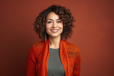 Portrait of a smiling young woman with curly hair over red backgroundの素材