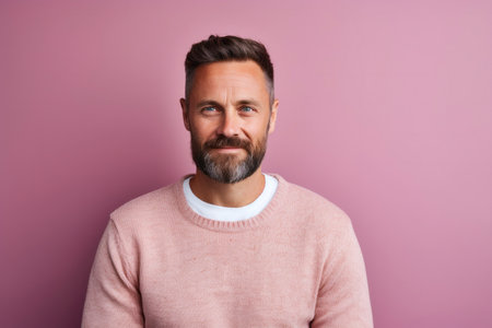 Portrait of a handsome bearded man in a pink sweater on a pink backgroundの素材