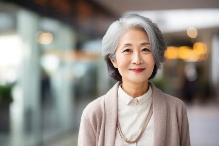 Portrait of senior asian woman smiling at camera in shopping mallの素材