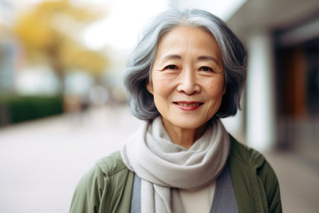 Portrait of a smiling asian senior woman standing in a streetの素材