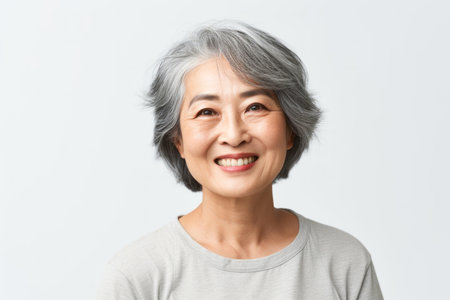 Portrait of a smiling senior asian woman isolated over white backgroundの素材