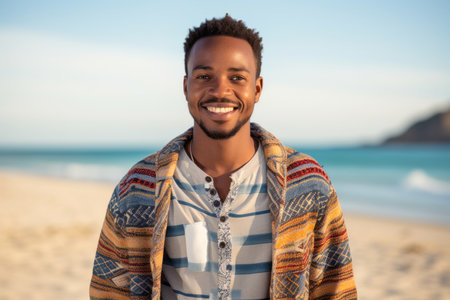 Portrait of smiling young man in shawl standing on beachの素材