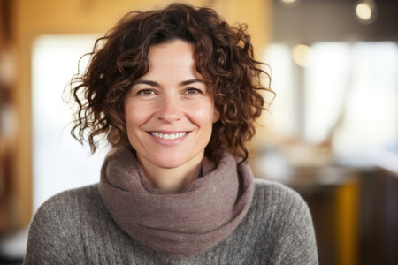 Portrait of smiling woman in scarf looking at camera in coffee shopの素材