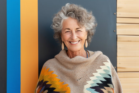 Portrait of smiling senior woman in sweater standing against wall at homeの素材