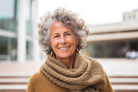 Portrait of a happy senior woman with gray hair and scarf in the cityの素材