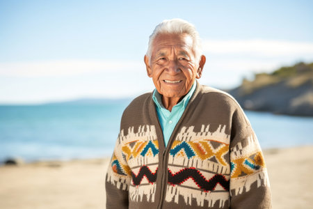 Portrait of happy senior man standing on beach at day timeの素材