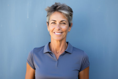 Portrait of happy mature businesswoman standing against blue wall in officeの素材