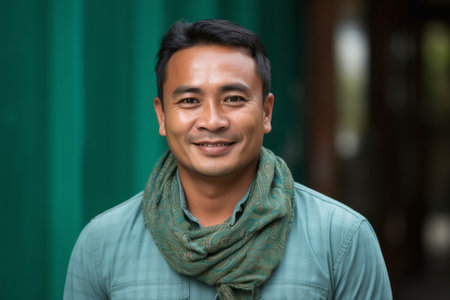 Portrait of a young asian man wearing a green scarf and smilingの素材