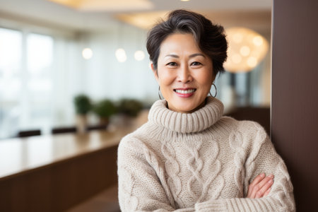 Portrait of smiling mature woman standing with arms crossed in office lobbyの素材