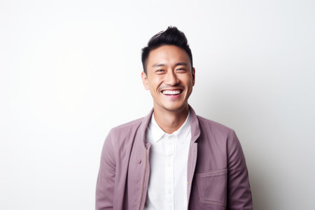 Portrait of a happy young Asian man smiling on white backgroundの素材