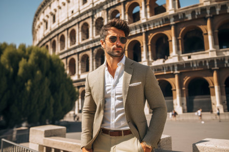 Portrait of a handsome young man in a suit and sunglasses standing in front of Colosseum in Rome, Italyの素材