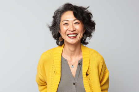 Portrait of a happy mature asian woman smiling over gray backgroundの素材