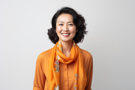 Portrait of a beautiful asian woman smiling on white background.の素材