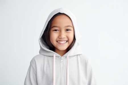 Portrait of smiling little girl in hoodie looking at camera over white backgroundの素材