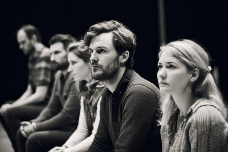Group of young people sitting in a row and looking at the cameraの素材