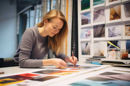 Portrait of female graphic designer working on graphic tablet at desk in officeの素材