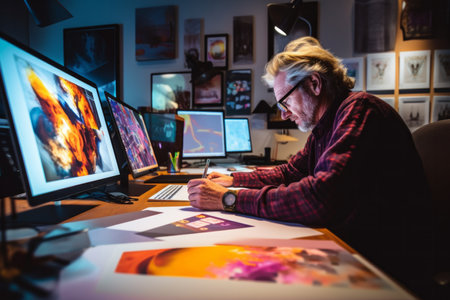 Portrait of senior man working on computer at home in the eveningの素材