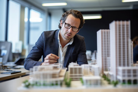 Portrait of confident businessman working with model of city at desk in officeの素材