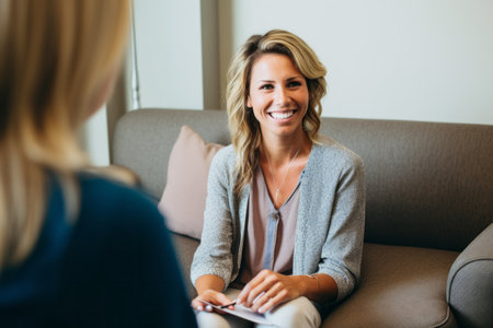 Portrait of smiling woman talking to psychologist during therapy session in officeの素材
