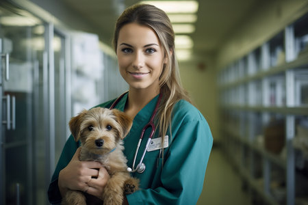 Portrait of a female veterinarian holding a dog in a veterinary clinicの素材