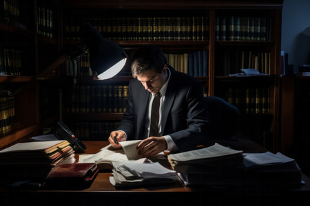 Lawyer sitting at his desk in his office reading a legal documentの素材