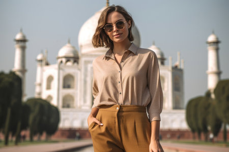 Beautiful young woman in front of Taj Mahal in Agra, Indiaの素材
