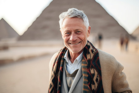 Portrait of a smiling senior man standing in front of egyptian pyramidsの素材
