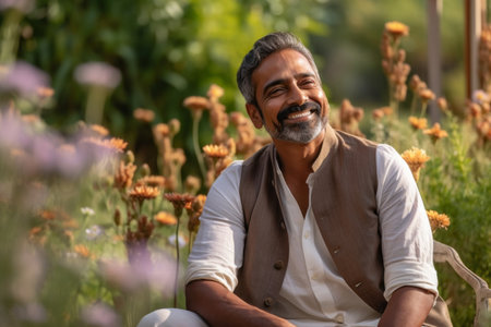 indian senior man sitting in garden smiling and looking at the cameraの素材