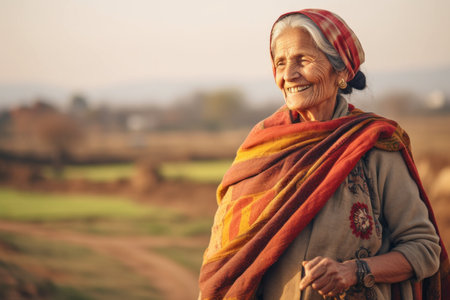 Portrait of an elderly woman with a scarf in the countryside.の素材