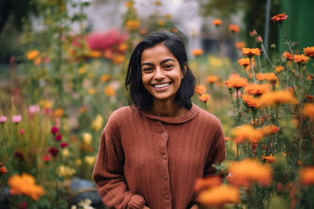 Portrait of a young woman in a flower garden. She is smiling.の素材